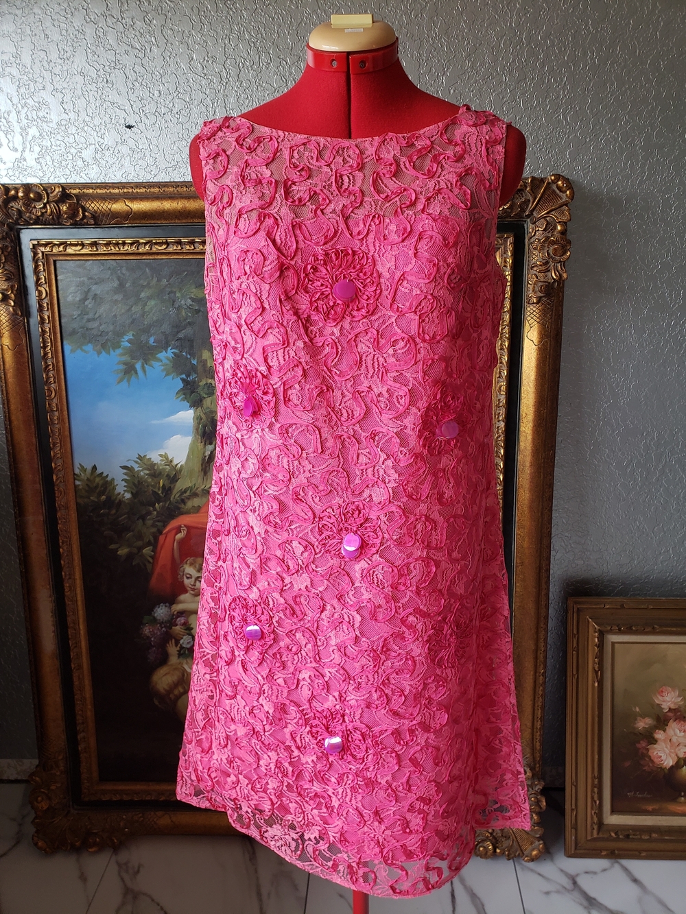 Textured Pink Lace Mini Dress with Floral Appliqué